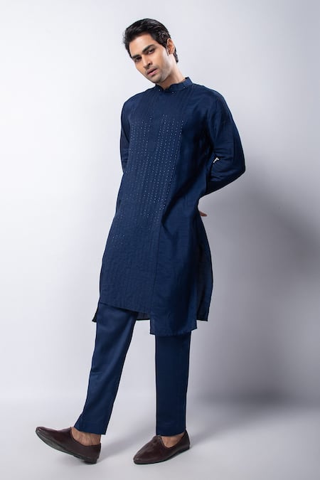 Shop_Smriti By Anju Agarwal_Blue Silk, Cotton Sequins, Beads, Cut Navy Hand Embroidered Nehru Jacket Set _Online_at_Aza_Fashions