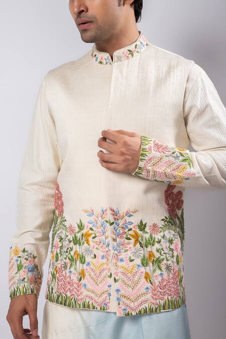 Buy_Smriti By Anju Agarwal_Multi Color Silk, Cotton, Linen, Satin Beads, Embroidery Hand Nehru Jacket Set _Online_at_Aza_Fashions
