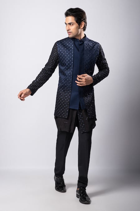 Smriti By Anju Agarwal_Navy Linen, Satin Embroidery Ombre Hand Nehru Jacket _Online_at_Aza_Fashions