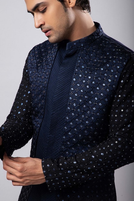 Buy_Smriti By Anju Agarwal_Navy Linen, Satin Embroidery Ombre Hand Nehru Jacket _Online_at_Aza_Fashions