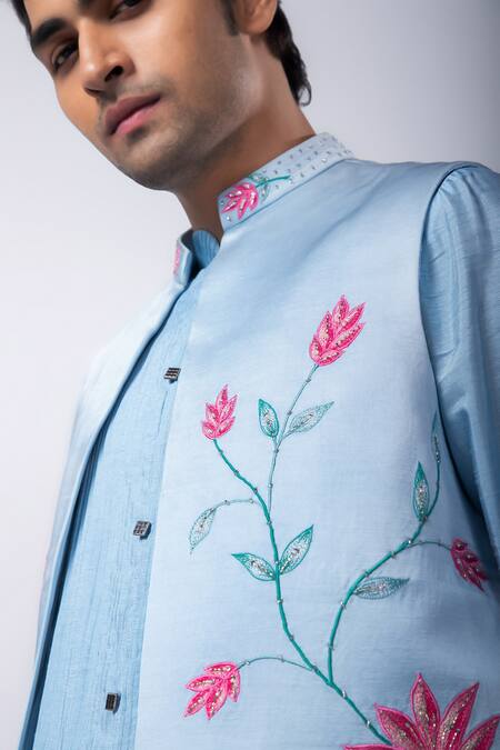 Buy_Smriti By Anju Agarwal_Blue Linen, Satin Embroidery, Sequins Floral Hand Nehru Jacket _Online_at_Aza_Fashions