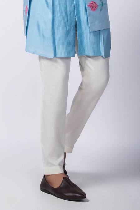 Buy_Smriti By Anju Agarwal_Blue Silk, Cotton, Linen, Satin Embroidery, Floral Nehru Jacket And Kurta Set _Online_at_Aza_Fashions