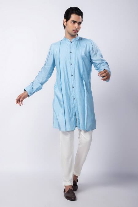 Smriti By Anju Agarwal_Blue Silk, Cotton, Linen, Satin Embroidery, Floral Nehru Jacket And Kurta Set _at_Aza_Fashions