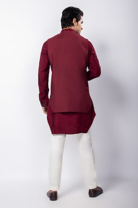 Smriti By Anju Agarwal Maroon Silk Hand Embroidered Nehru Jacket 