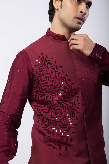 Buy Smriti By Anju Agarwal Maroon Silk Cut Work, Mirrors, Embroidery Hand Nehru Jacket Online at Aza Fashions Buy_Smriti By Anju Agarwal_Maroon Silk Cut Work, Mirrors, Embroidery Hand Nehru Jacket _Online_at_Aza_Fashions