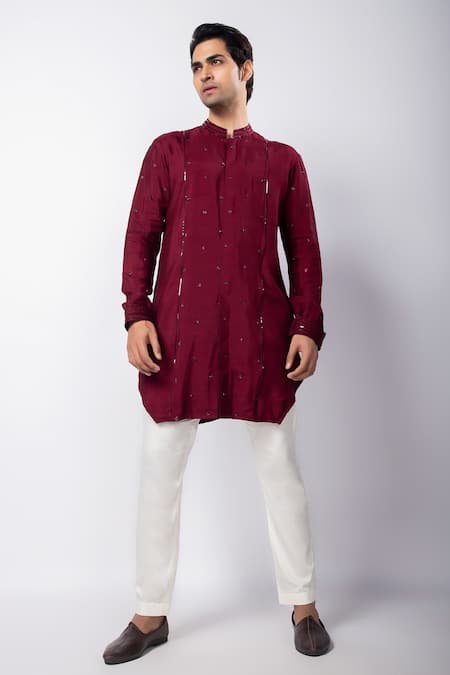 Shop_Smriti By Anju Agarwal_Maroon Silk, Cotton Cut Work, Mirrors, Embroidery Hand Nehru Jacket Set _Online_at_Aza_Fashions