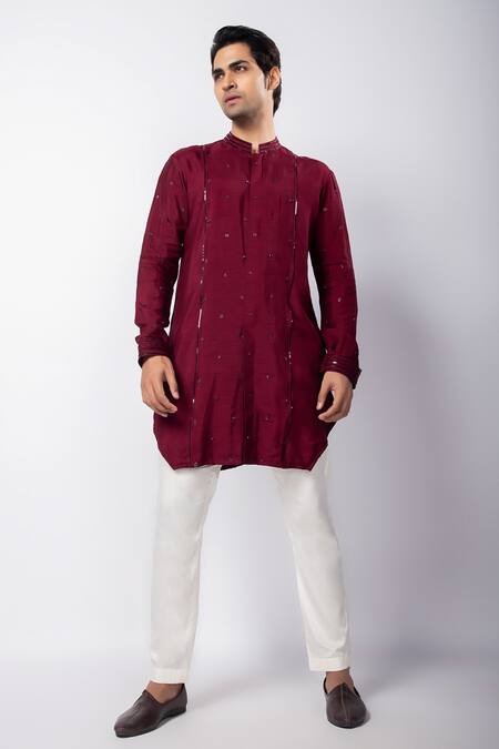 Smriti By Anju Agarwal_Maroon Silk, Cotton Cut Work Hand Embroidered Kurta And Pant Set _Online_at_Aza_Fashions