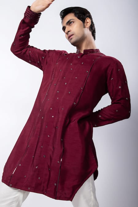 Shop_Smriti By Anju Agarwal_Maroon Silk, Cotton Cut Work Hand Embroidered Kurta And Pant Set _Online_at_Aza_Fashions