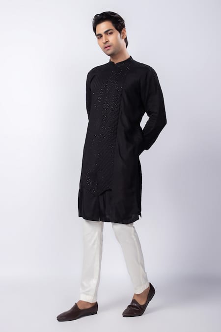 Smriti By Anju Agarwal_Black Silk, Cotton Cut Work Orion Hand Embroidered Kurta And Pant Pyjama Set _Online_at_Aza_Fashions