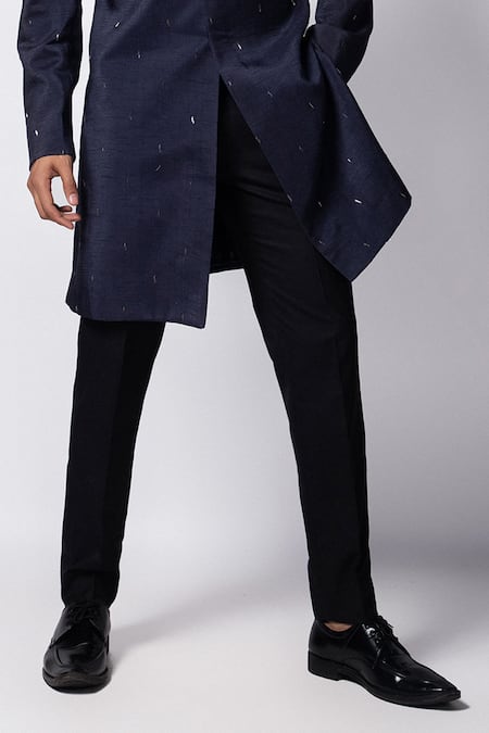 Smriti By Anju Agarwal_Blue Wool Cut Work Ved Hand Embroidered Bandhgala And Trouser Set _Online_at_Aza_Fashions