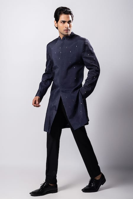 Buy_Smriti By Anju Agarwal_Blue Wool Cut Work Ved Hand Embroidered Bandhgala And Trouser Set _Online_at_Aza_Fashions