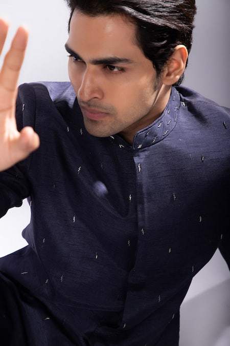 Shop_Smriti By Anju Agarwal_Blue Wool Cut Work Ved Hand Embroidered Bandhgala And Trouser Set _Online_at_Aza_Fashions