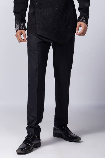 Smriti By Anju Agarwal_Black Linen, Satin, Wool Odyssey Hand Embroidered Bandhgala And Trouser Set _Online_at_Aza_Fashions