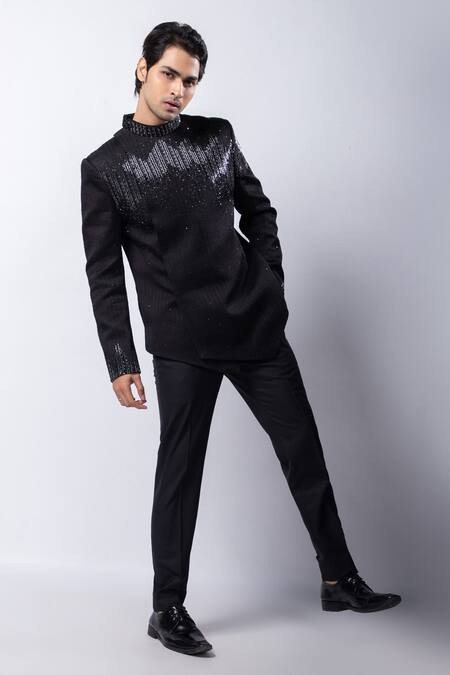 Buy_Smriti By Anju Agarwal_Black Linen, Satin, Wool Odyssey Hand Embroidered Bandhgala And Trouser Set _Online_at_Aza_Fashions