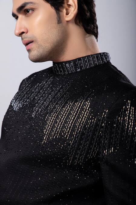 Shop_Smriti By Anju Agarwal_Black Linen, Satin, Wool Odyssey Hand Embroidered Bandhgala And Trouser Set _Online_at_Aza_Fashions