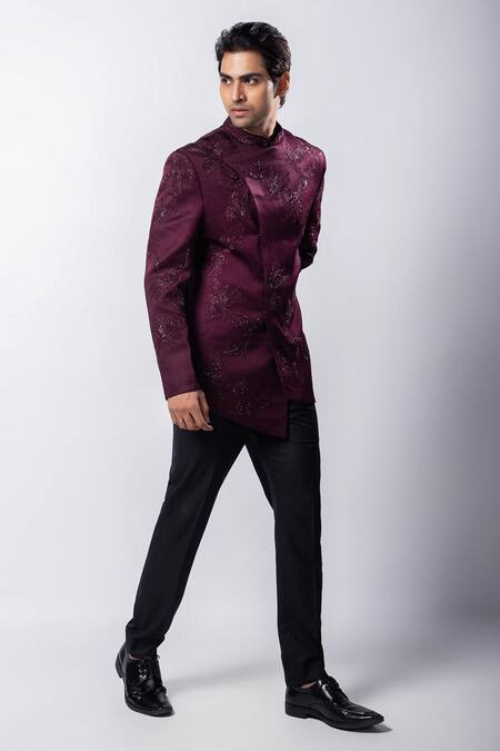 Buy_Smriti By Anju Agarwal_Maroon Linen, Satin Sequins, Cut Lucius Hand Embroidered Bandhgala And Trouser Set _Online_at_Aza_Fashions