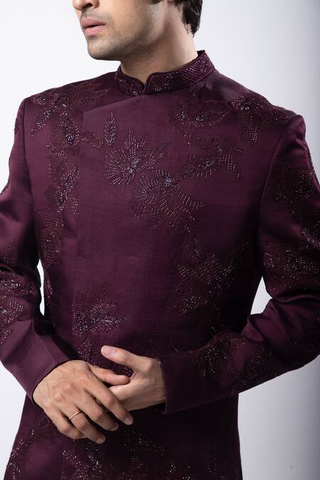 Shop_Smriti By Anju Agarwal_Maroon Linen, Satin Sequins, Cut Lucius Hand Embroidered Bandhgala And Trouser Set _Online_at_Aza_Fashions