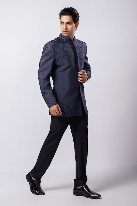 Smriti By Anju Agarwal_Blue Silk Cut Work, Embroidery Zane Hand Bandhgala And Trouser Set _Online_at_Aza_Fashions