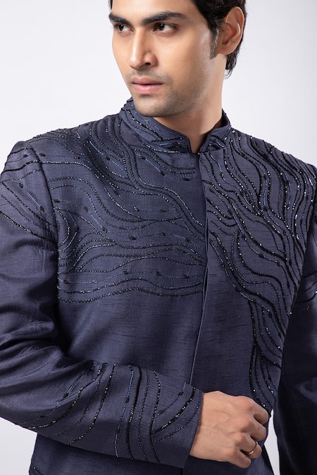 Buy_Smriti By Anju Agarwal_Blue Silk Cut Work, Embroidery Zane Hand Bandhgala And Trouser Set _Online_at_Aza_Fashions