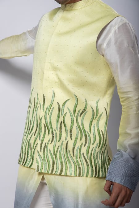 Buy_Smriti By Anju Agarwal_Multi Color Silk, Linen, Satin, Cotton Atharva Nehru Jacket And Vibhor Kurta Set _Online_at_Aza_Fashions