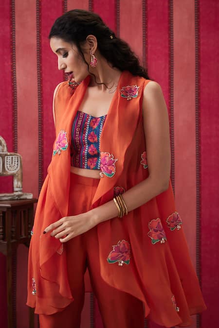 Soup By Sougat Paul_Red Silk Embroidery Shawl Neck Floral Print Jacket Pant Set _at_Aza_Fashions