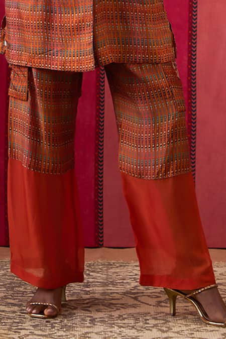 Shop_Soup By Sougat Paul_Orange Organza, Silk Embroidery, Sequins Adah Embellished Blazer Top And Pant Set _Online_at_Aza_Fashions