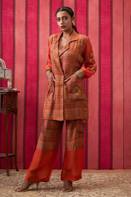 Soup By Sougat Paul_Orange Organza, Silk Embroidery, Sequins Adah Embellished Blazer Top And Pant Set _at_Aza_Fashions