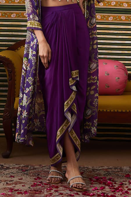 Soup By Sougat Paul_Purple Crepe, Organza Sequins, Mehr Floral Print Cape Draped Skirt Set _Online_at_Aza_Fashions