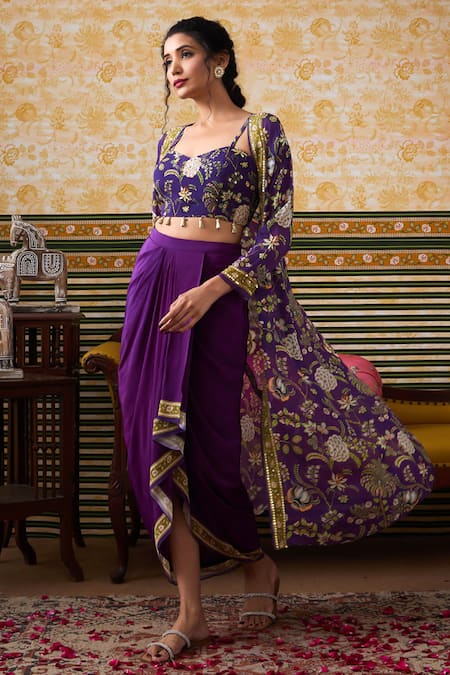 Buy_Soup By Sougat Paul_Purple Crepe, Organza Sequins, Mehr Floral Print Cape Draped Skirt Set _Online_at_Aza_Fashions