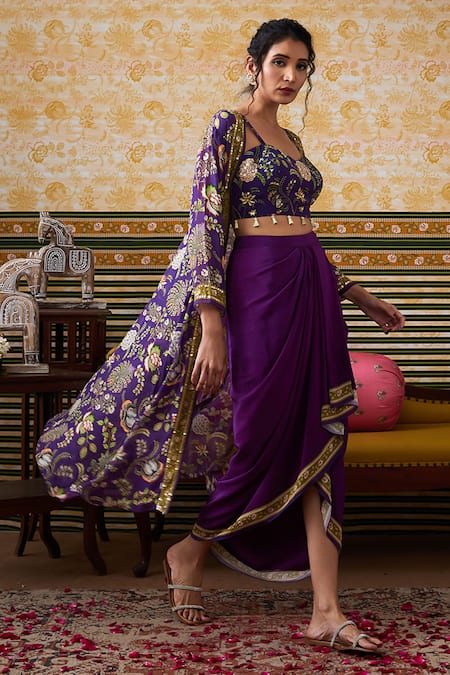 Shop_Soup By Sougat Paul_Purple Crepe, Organza Sequins, Mehr Floral Print Cape Draped Skirt Set _Online_at_Aza_Fashions