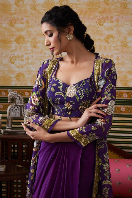 Soup By Sougat Paul_Purple Crepe, Organza Sequins, Mehr Floral Print Cape Draped Skirt Set _at_Aza_Fashions