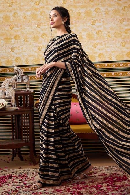 Soup By Sougat Paul Black Crepe Sequins, Beads Boat Neck Printed Pre-draped Saree With Blouse Online at Aza Fashions Soup By Sougat Paul_Black Crepe Sequins, Beads Boat Neck Printed Pre-draped Saree With Blouse _Online_at_Aza_Fashions