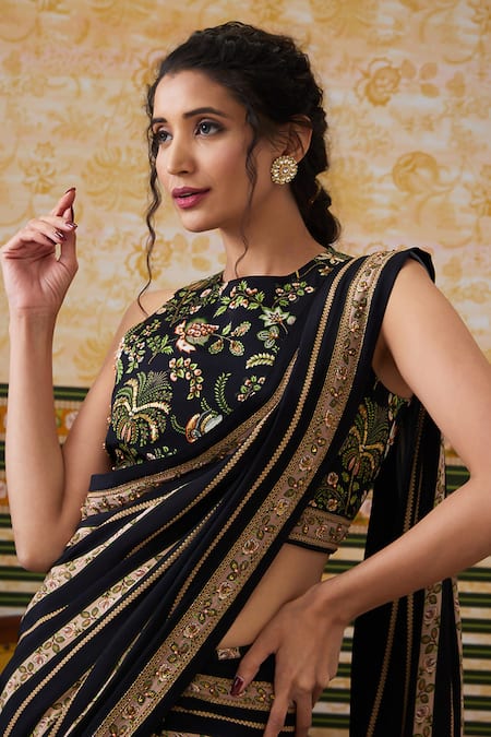 Shop Soup By Sougat Paul Black Crepe Sequins, Beads Boat Neck Printed Pre-draped Saree With Blouse Online at Aza Fashions Shop_Soup By Sougat Paul_Black Crepe Sequins, Beads Boat Neck Printed Pre-draped Saree With Blouse _Online_at_Aza_Fashions