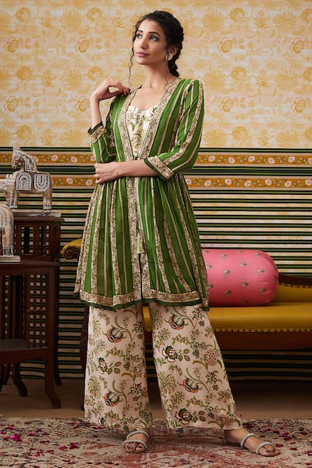 Soup By Sougat Paul_Green Crepe Sequins Sweetheart Mehr Botanical Print Jumpsuit With Peplum Jacket _Online_at_Aza_Fashions