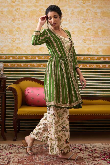 Soup By Sougat Paul_Green Crepe Sequins Sweetheart Mehr Botanical Print Jumpsuit With Peplum Jacket _at_Aza_Fashions