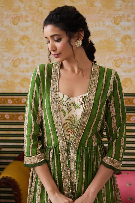 Buy_Soup By Sougat Paul_Green Crepe Sequins Sweetheart Mehr Botanical Print Jumpsuit With Peplum Jacket 