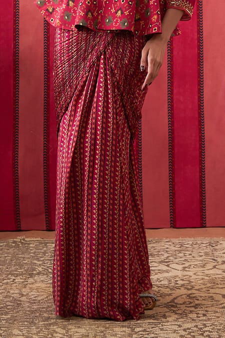 Soup By Sougat Paul_Pink Crepe Sequins, Embroidery Collared Peplum Top And Draped Skirt Set _Online_at_Aza_Fashions