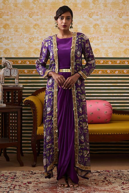 Soup by Sougat Paul Purple Drape Dress Satin Embroidered Sequin Mehr Belted Maxi With Jacket 