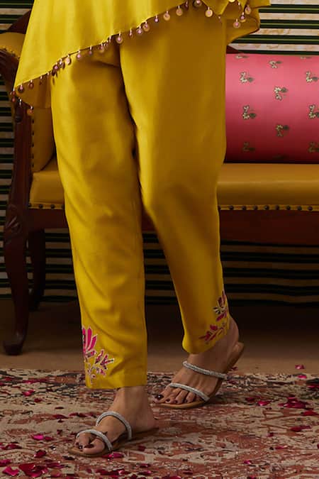 Soup By Sougat Paul Yellow Chanderi Silk Sequins, Beads, Mehr Floral Print Tunic Pant Set Online at Aza Fashions Soup By Sougat Paul_Yellow Chanderi Silk Sequins, Beads, Mehr Floral Print Tunic Pant Set _Online_at_Aza_Fashions