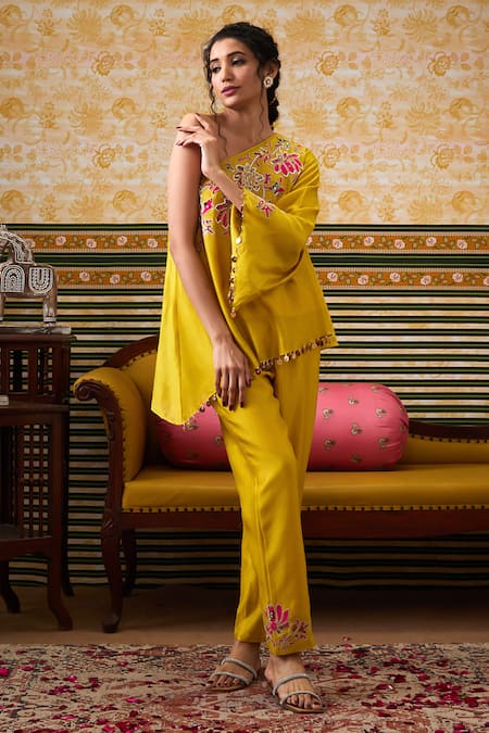 Buy Soup By Sougat Paul Yellow Chanderi Silk Sequins, Beads, Mehr Floral Print Tunic Pant Set Online at Aza Fashions Buy_Soup By Sougat Paul_Yellow Chanderi Silk Sequins, Beads, Mehr Floral Print Tunic Pant Set _Online_at_Aza_Fashions