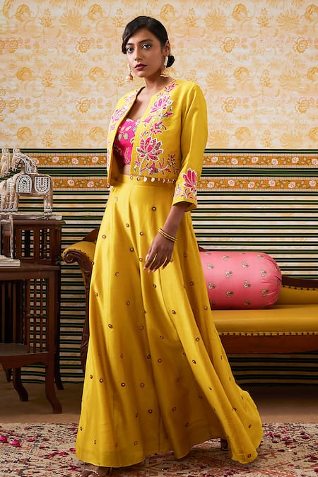Soup By Sougat Paul_Yellow Chanderi Silk Sequins, Mehr Floral Embroidered Jacket Flared Pant Set _Online_at_Aza_Fashions