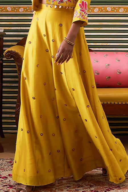 Buy_Soup By Sougat Paul_Yellow Chanderi Silk Sequins, Mehr Floral Embroidered Jacket Flared Pant Set _Online_at_Aza_Fashions