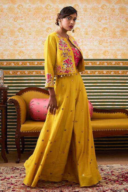 Shop_Soup By Sougat Paul_Yellow Chanderi Silk Sequins, Mehr Floral Embroidered Jacket Flared Pant Set _Online_at_Aza_Fashions