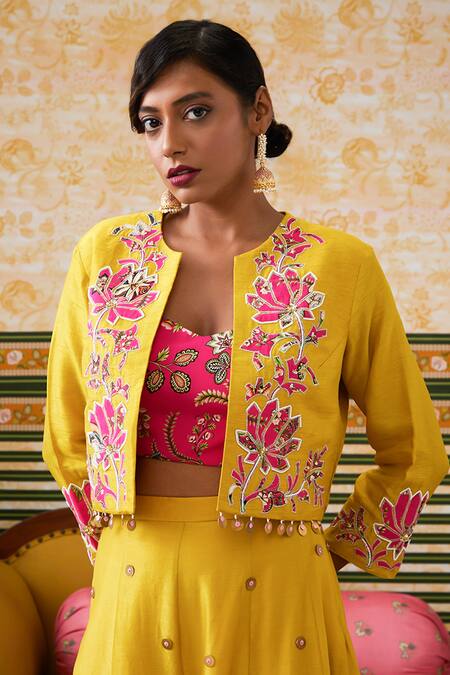Soup By Sougat Paul_Yellow Chanderi Silk Sequins, Mehr Floral Embroidered Jacket Flared Pant Set _at_Aza_Fashions
