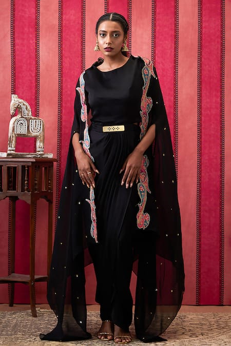 Soup by Sougat Paul Black Dress Satin Embroidered Sequin Round Qala Draped With Applique Work Cape 