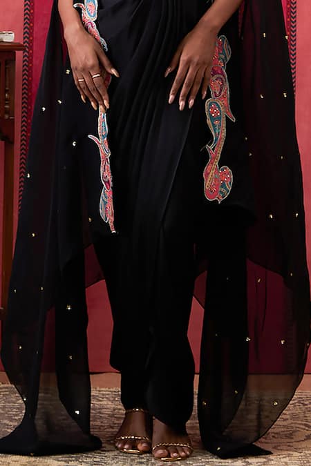 Soup By Sougat Paul_Black Satin, Organza Sequins, Beads Qala Draped Dress With Applique Work Cape _Online_at_Aza_Fashions