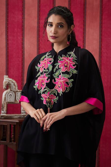 Soup By Sougat Paul Black Chanderi Silk Embroidery, Applique Collared Work Kimono Top With Pant at Aza Fashions Soup By Sougat Paul_Black Chanderi Silk Embroidery, Applique Collared Work Kimono Top With Pant _at_Aza_Fashions