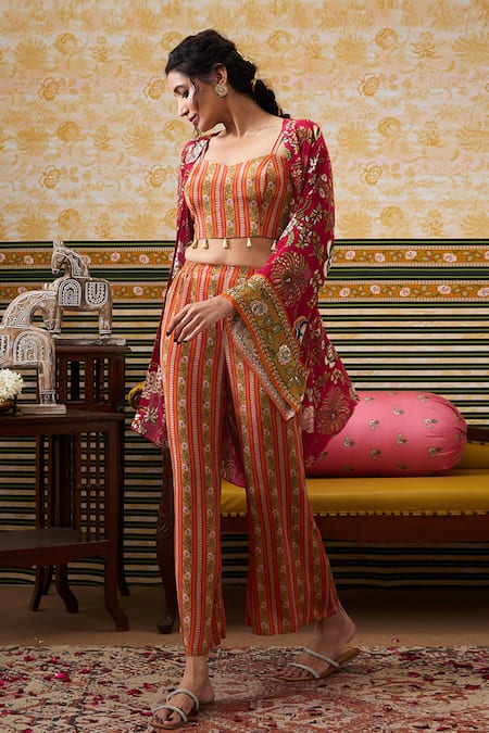 Buy Soup By Sougat Paul Red Crepe Sequins Open Neck, Floral Print Kimono Jacket And Pant Set Online at Aza Fashions Buy_Soup By Sougat Paul_Red Crepe Sequins Open Neck, Floral Print Kimono Jacket And Pant Set _Online_at_Aza_Fashions