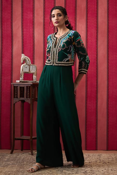 Soup By Sougat Paul Green Crepe Embroidery, Beads Open Neck Aisha Plain Jumpsuit With Jacket Online at Aza Fashions Soup By Sougat Paul_Green Crepe Embroidery, Beads Open Neck Aisha Plain Jumpsuit With Jacket _Online_at_Aza_Fashions