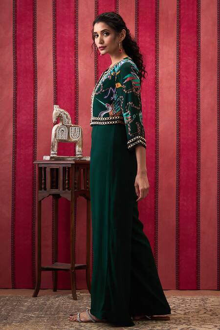 Buy Soup By Sougat Paul Green Crepe Embroidery, Beads Open Neck Aisha Plain Jumpsuit With Jacket Online at Aza Fashions Buy_Soup By Sougat Paul_Green Crepe Embroidery, Beads Open Neck Aisha Plain Jumpsuit With Jacket _Online_at_Aza_Fashions